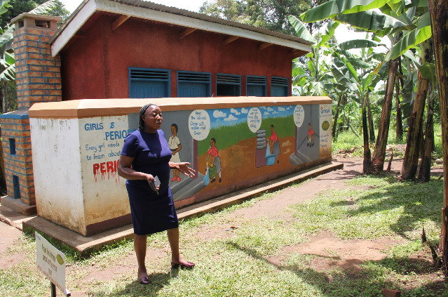 A dilapidated VIP latrine (L) and a newly constructed latrine with a Wash room and incinerator (R) at Rubona Primat school.